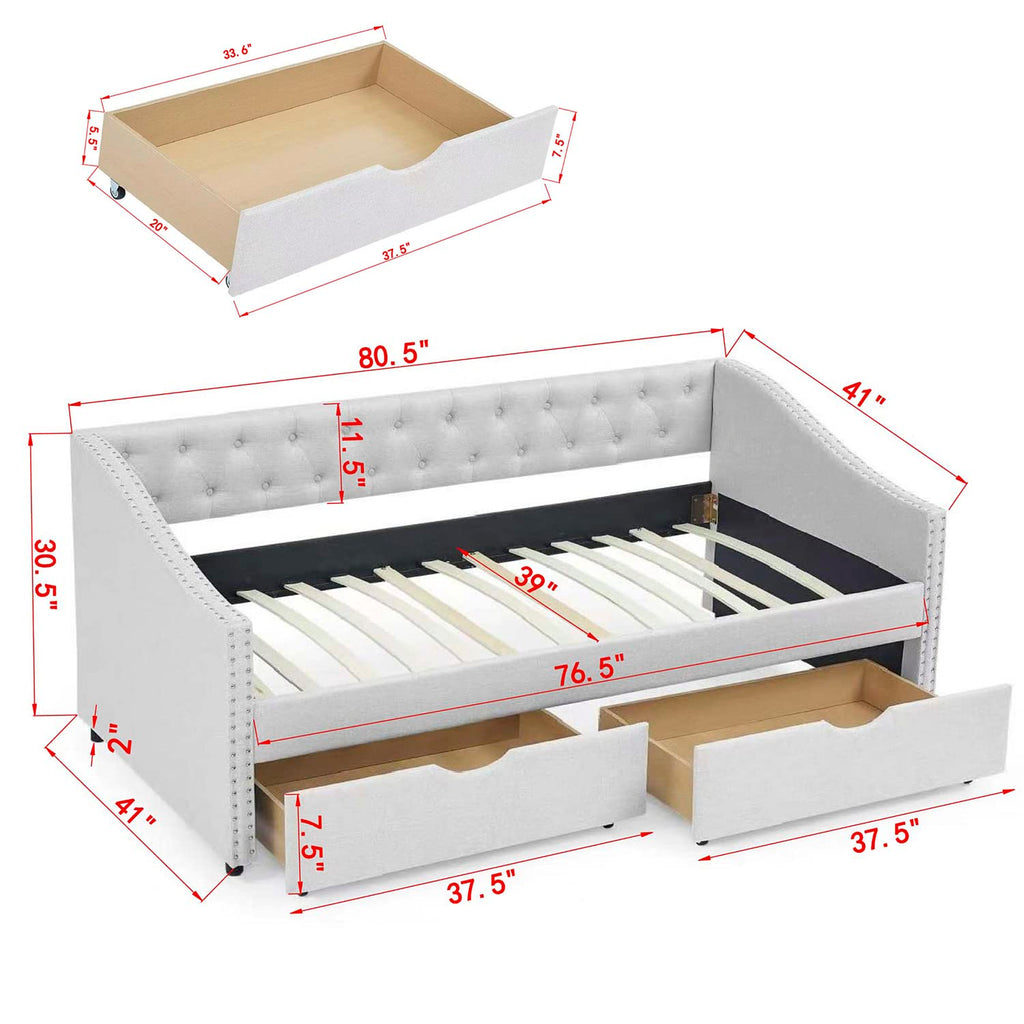 Beige Twin Size Upholstered Daybed with Drawers Y6072