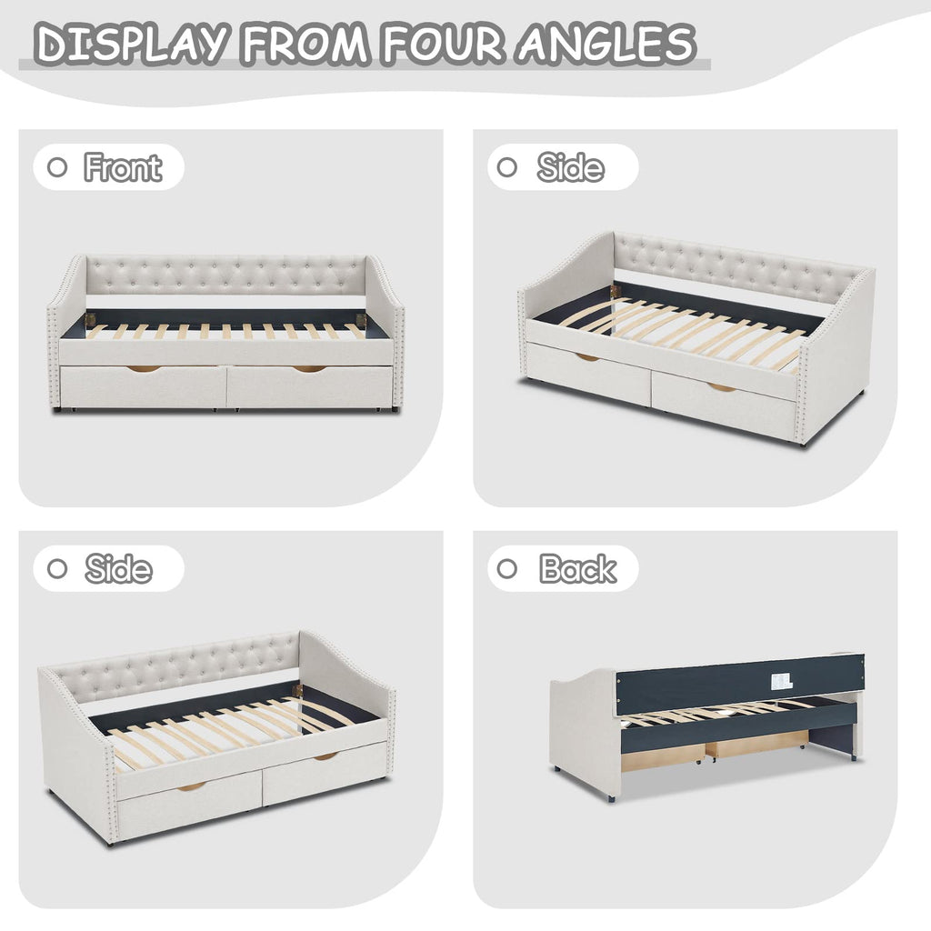 Beige Twin Size Upholstered Daybed with Drawers Y6072