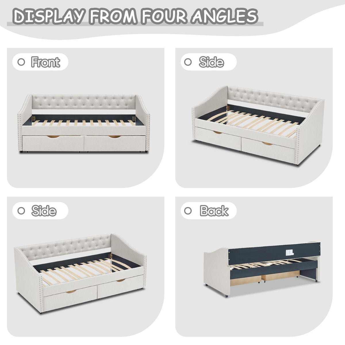 Beige Twin Size Upholstered Daybed with Drawers Y6072