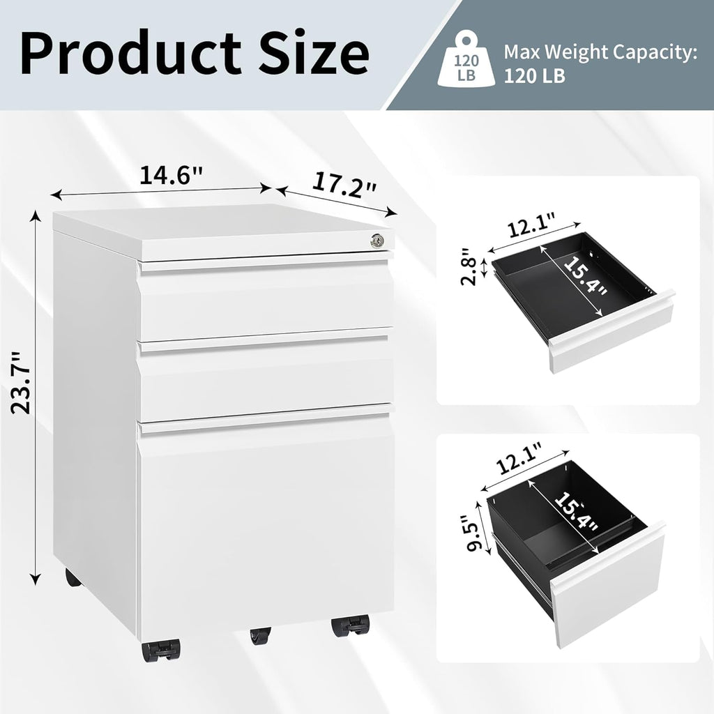3 Drawer Locking File Cabinet Matte White M79862