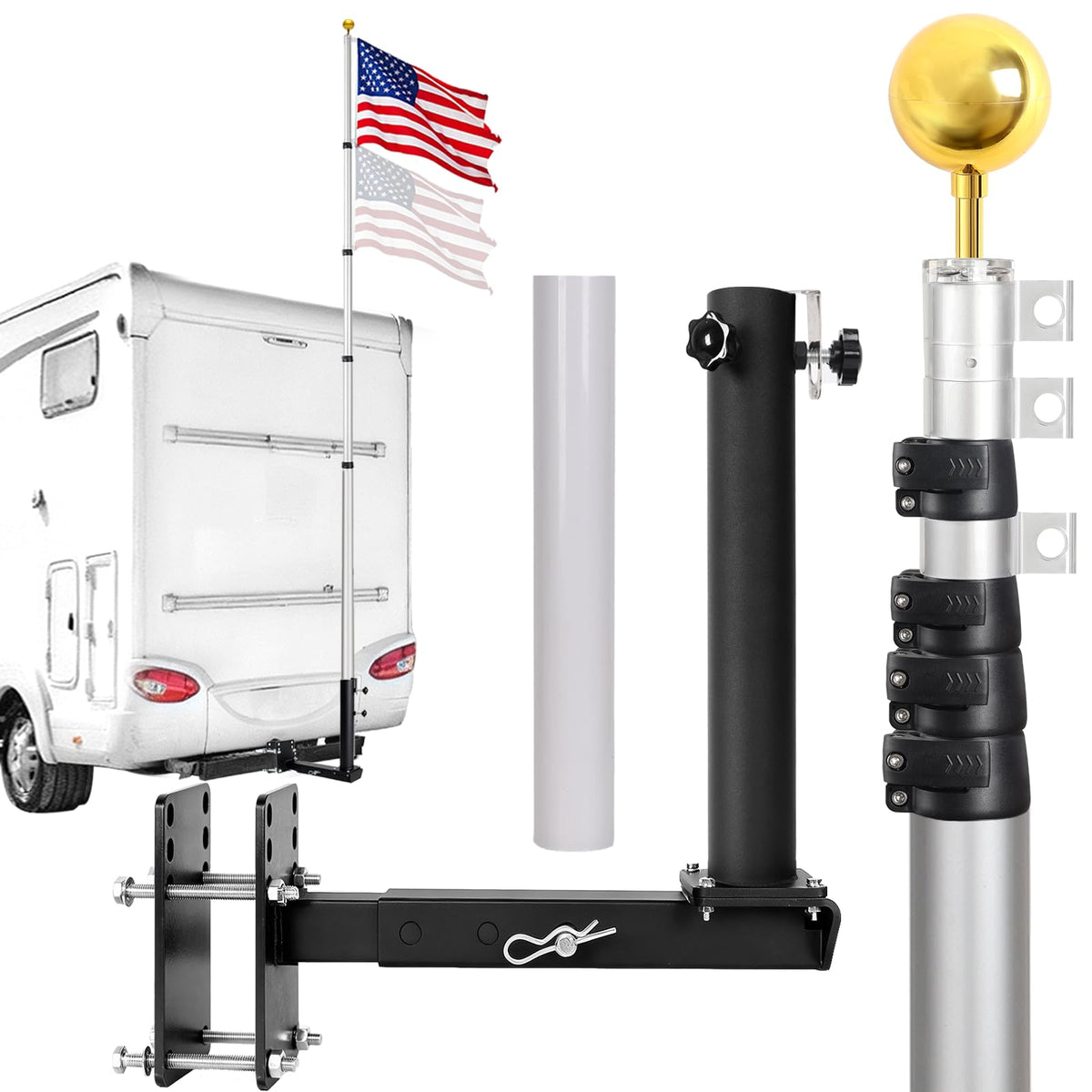16FT Silver Thickened Aluminum RV Flagpole F430