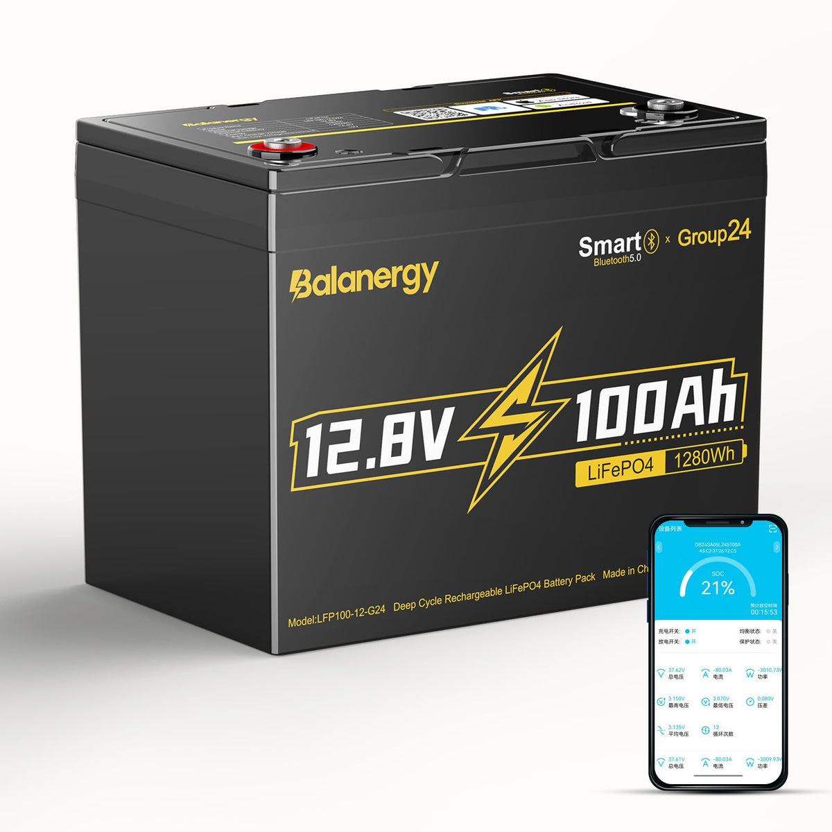 12V 100Ah LiFePO4 Lithium Battery with 100A BMS H7825