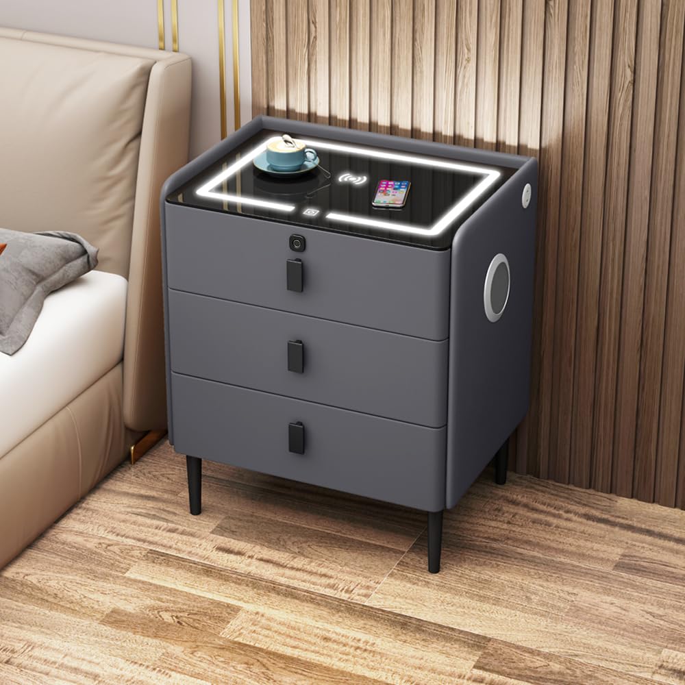 Gray 3 Tier Nightstand with Wireless Charging and Fingerprint Lock I21265