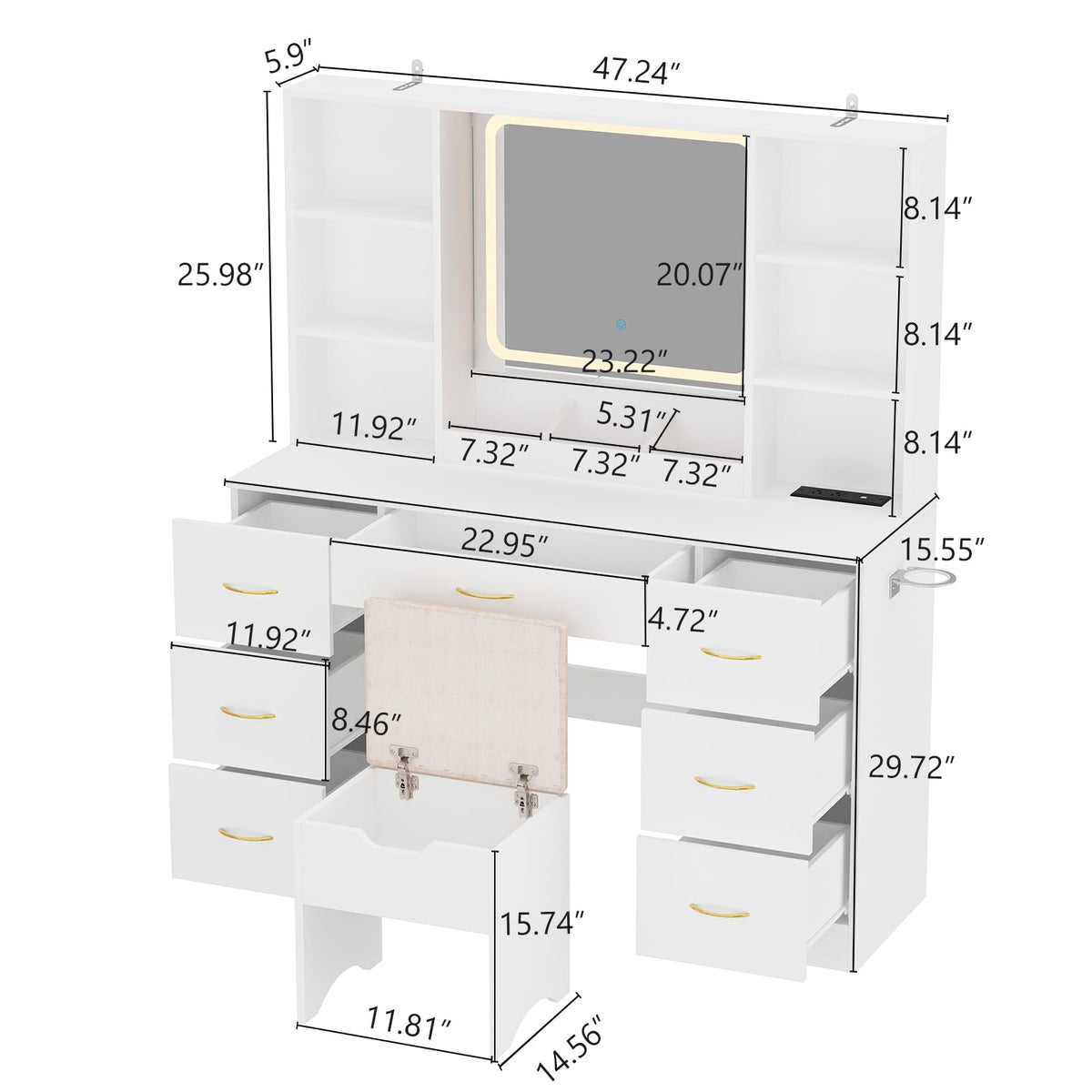 47" White Vanity Desk with Mirror and Lights T6452