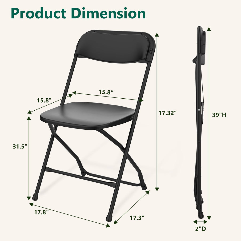 Black Plastic Folding Chairs, 10 Pack Steel Frame 350lbs Capacity O711858