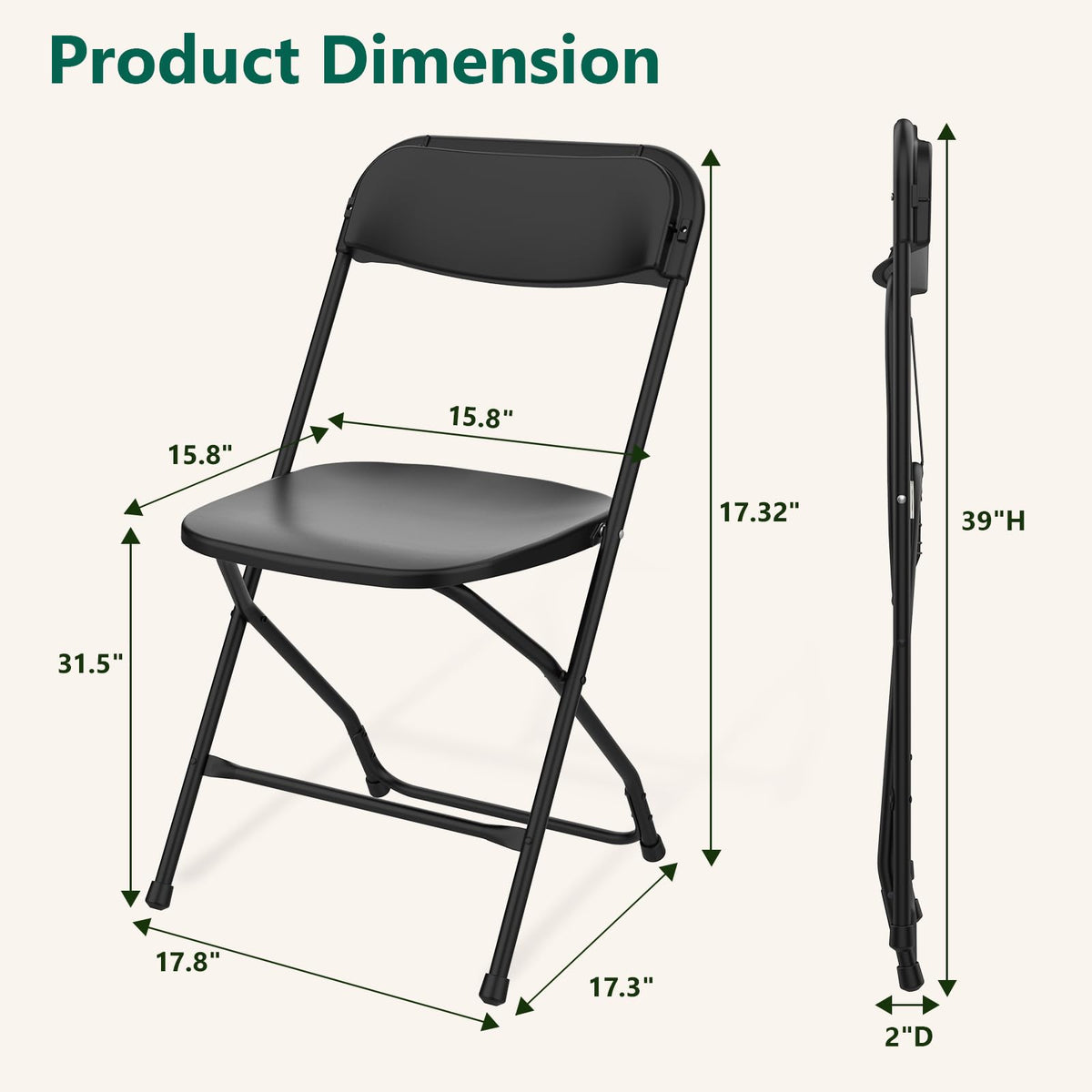 Black Plastic Folding Chairs, 10 Pack Steel Frame 350lbs Capacity O711858