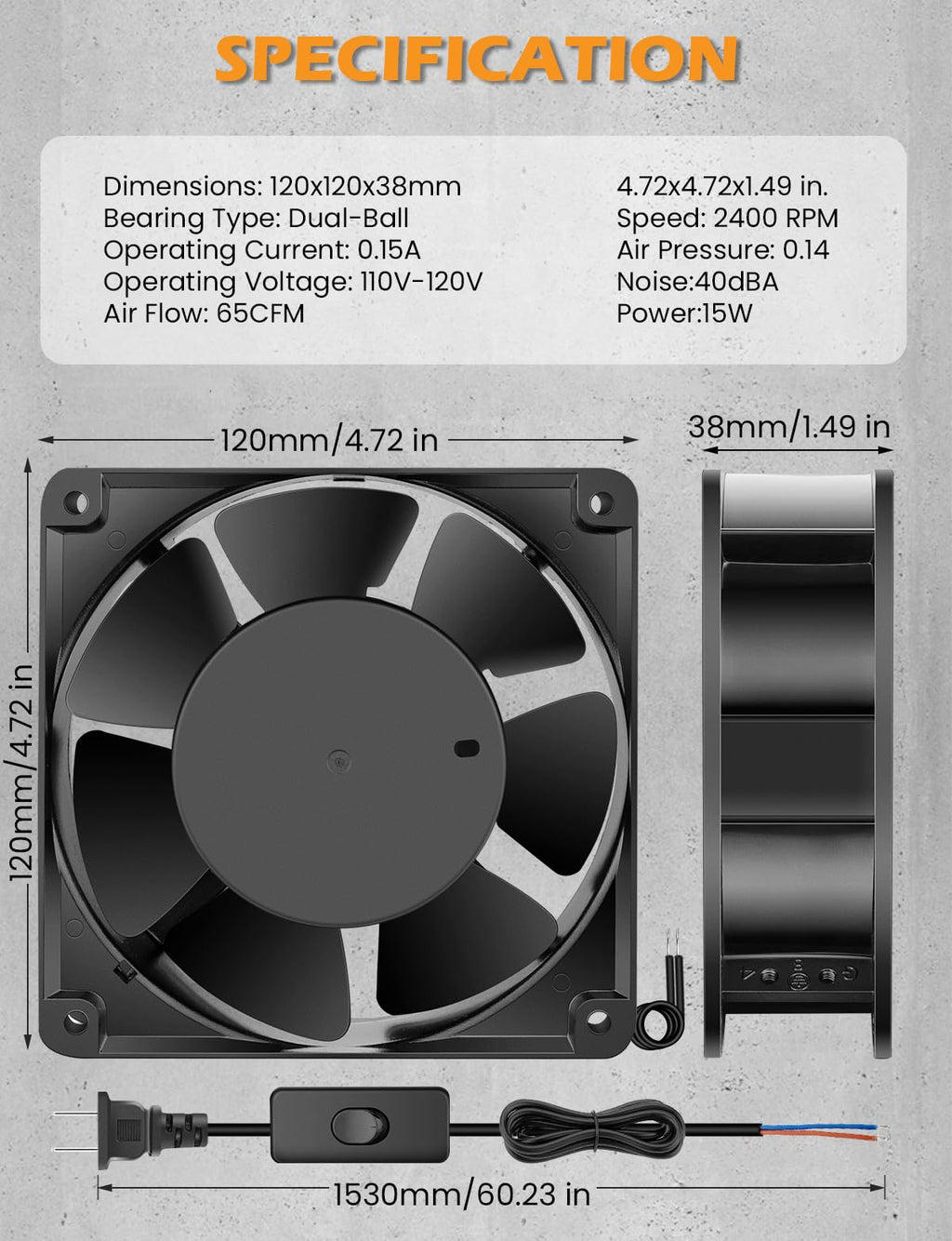 120mm x 38mm 120V Dual Ball Bearing Axial Fan L25504