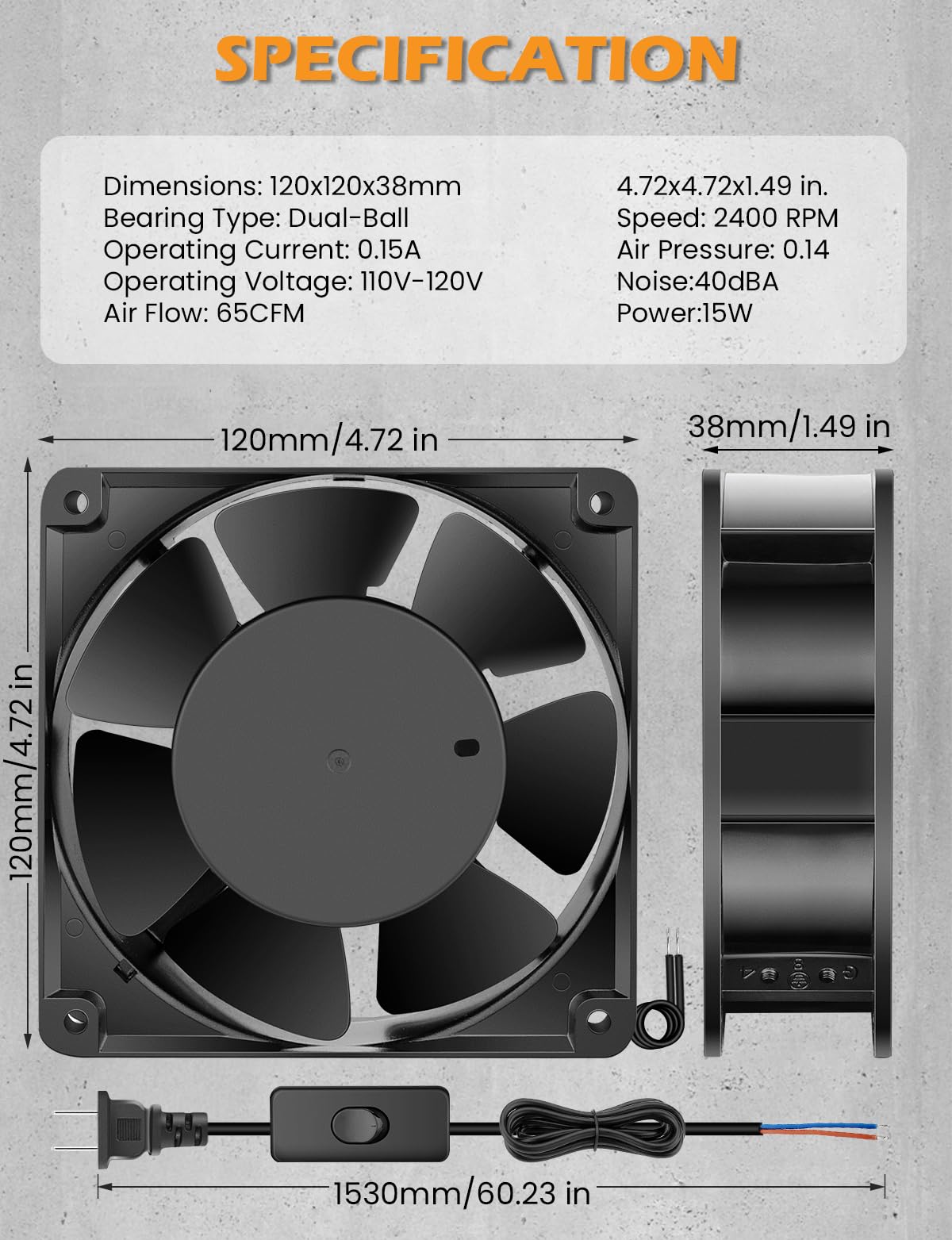 120mm x 38mm 120V Dual Ball Bearing Axial Fan L25504