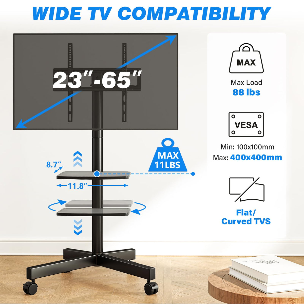 Mobile TV Stand for 23-65 Inch Flat Curved TVs Black S58367