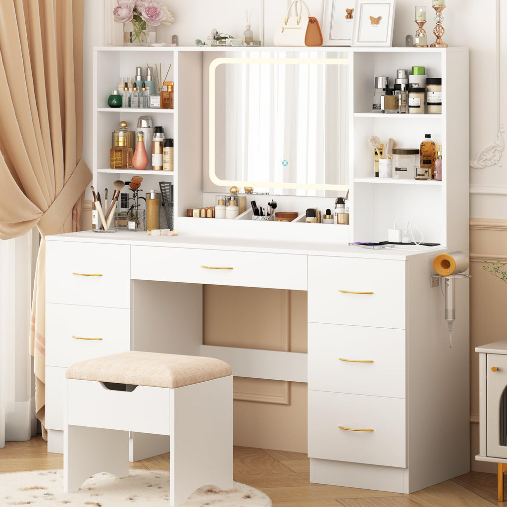 47" White Vanity Desk with Mirror and Lights T6452