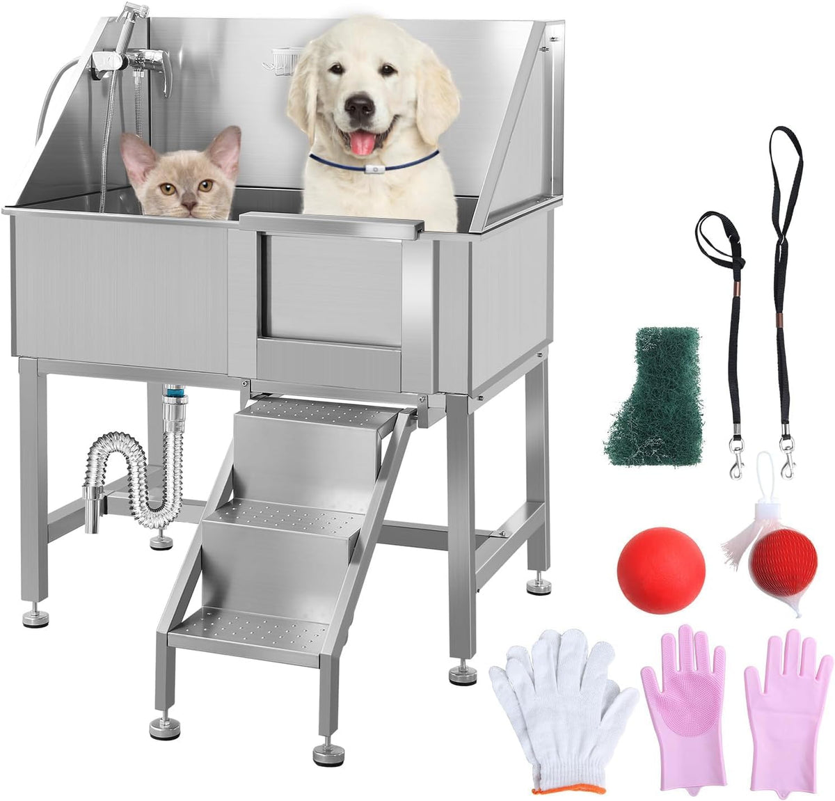 38" Stainless Steel Dog Grooming Tub with Stairs S5438