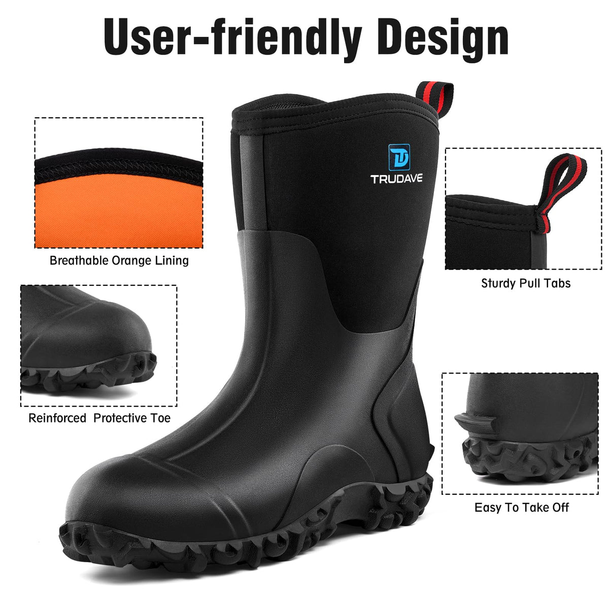 Rubber Boots with Steel Shank, 6mm Neoprene Mid Calf Rain Boots U993493