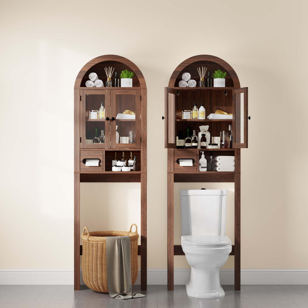 Arched Over the Toilet Storage Cabinet with Tempered Glass Doors A668