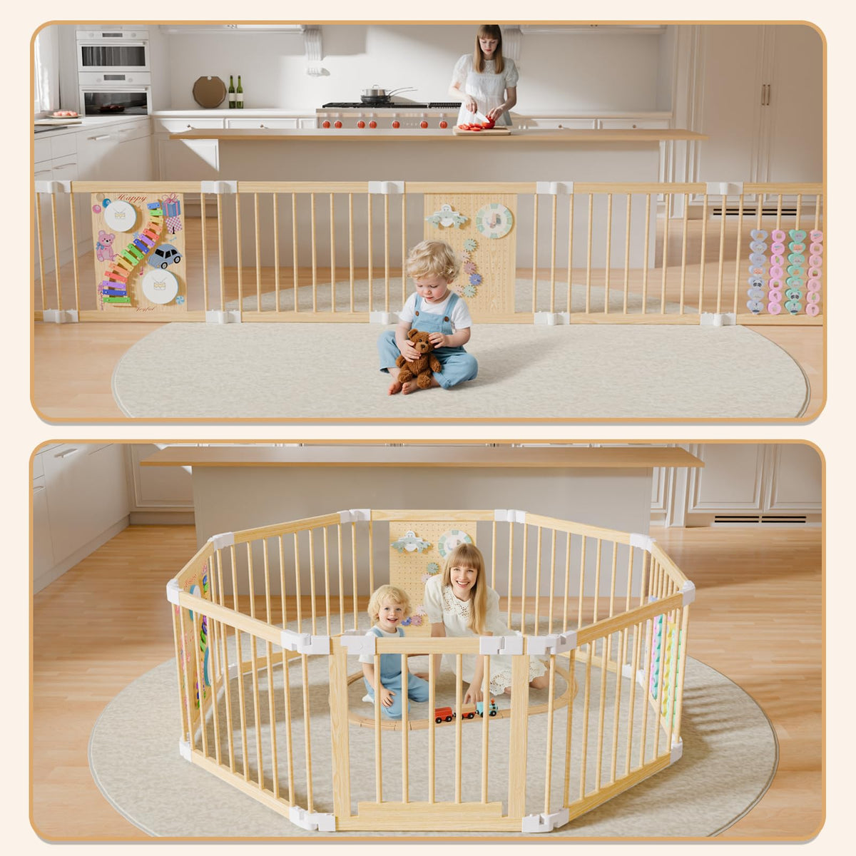 Foldable Wood Baby Playpen with Built-in Toys 57"x57" N19744