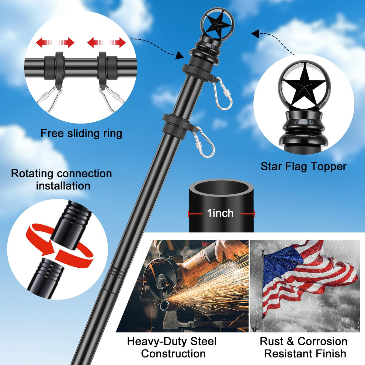 5ft Stainless Steel Flagpole with 3x5 Embroidered US Flag L29490