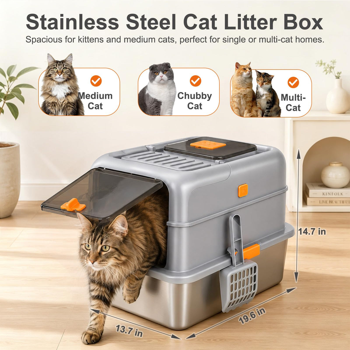 Stainless Steel High Sided Cat Litter Box with Lid T9115
