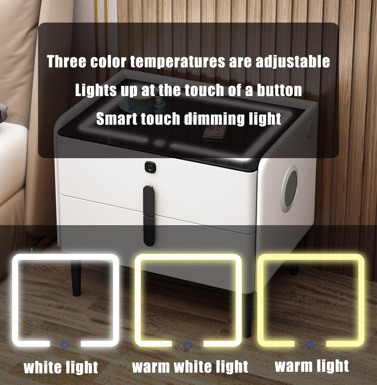 Gray 3 Tier Nightstand with Wireless Charging and Fingerprint Lock I21265