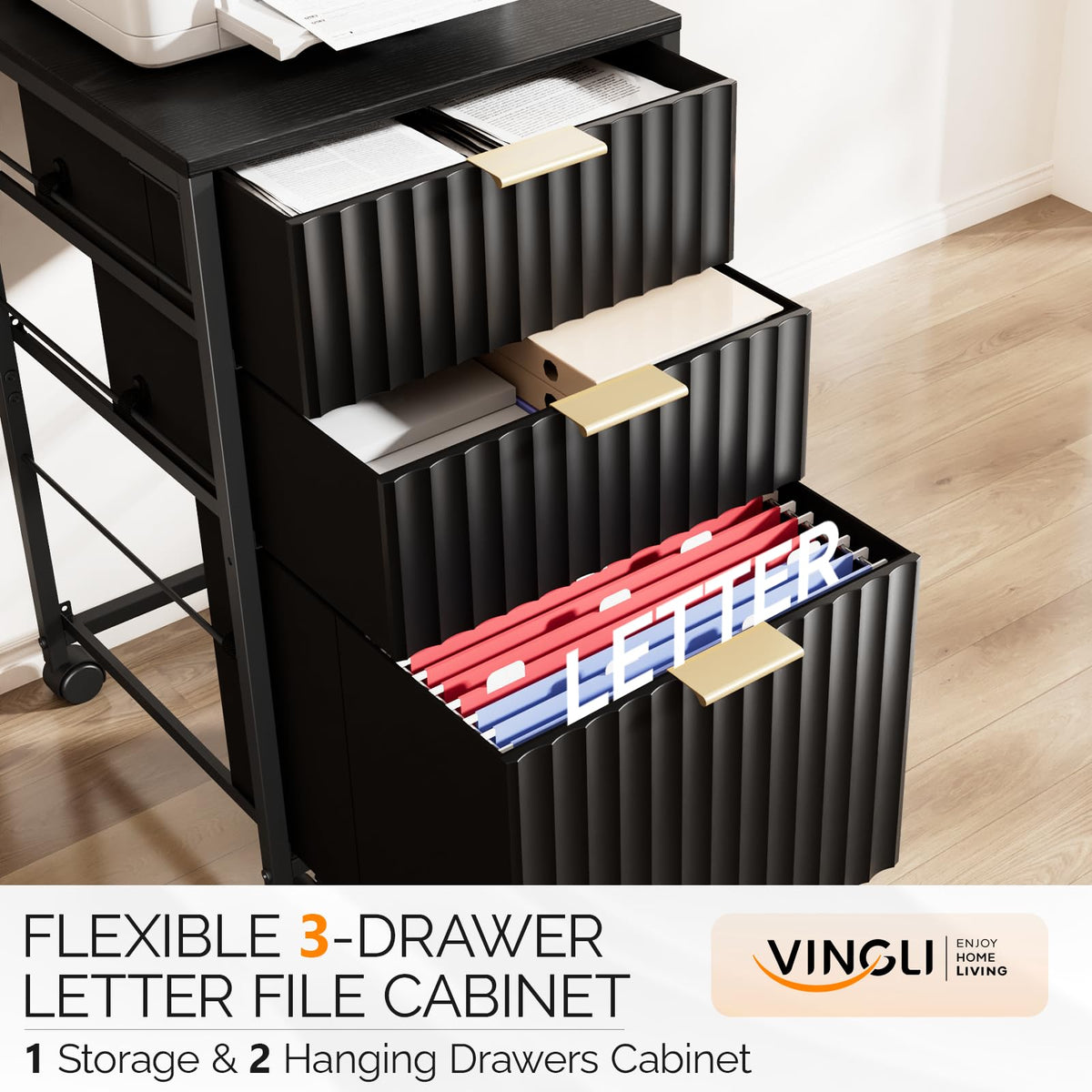 Black 3 Drawer Rolling File Cabinet with Wheels R347