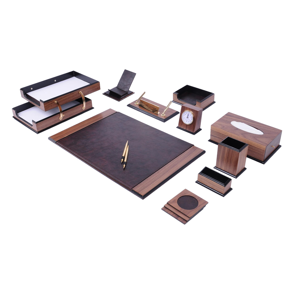 14 Piece Leather Wood Desk Organizer Set Q974559