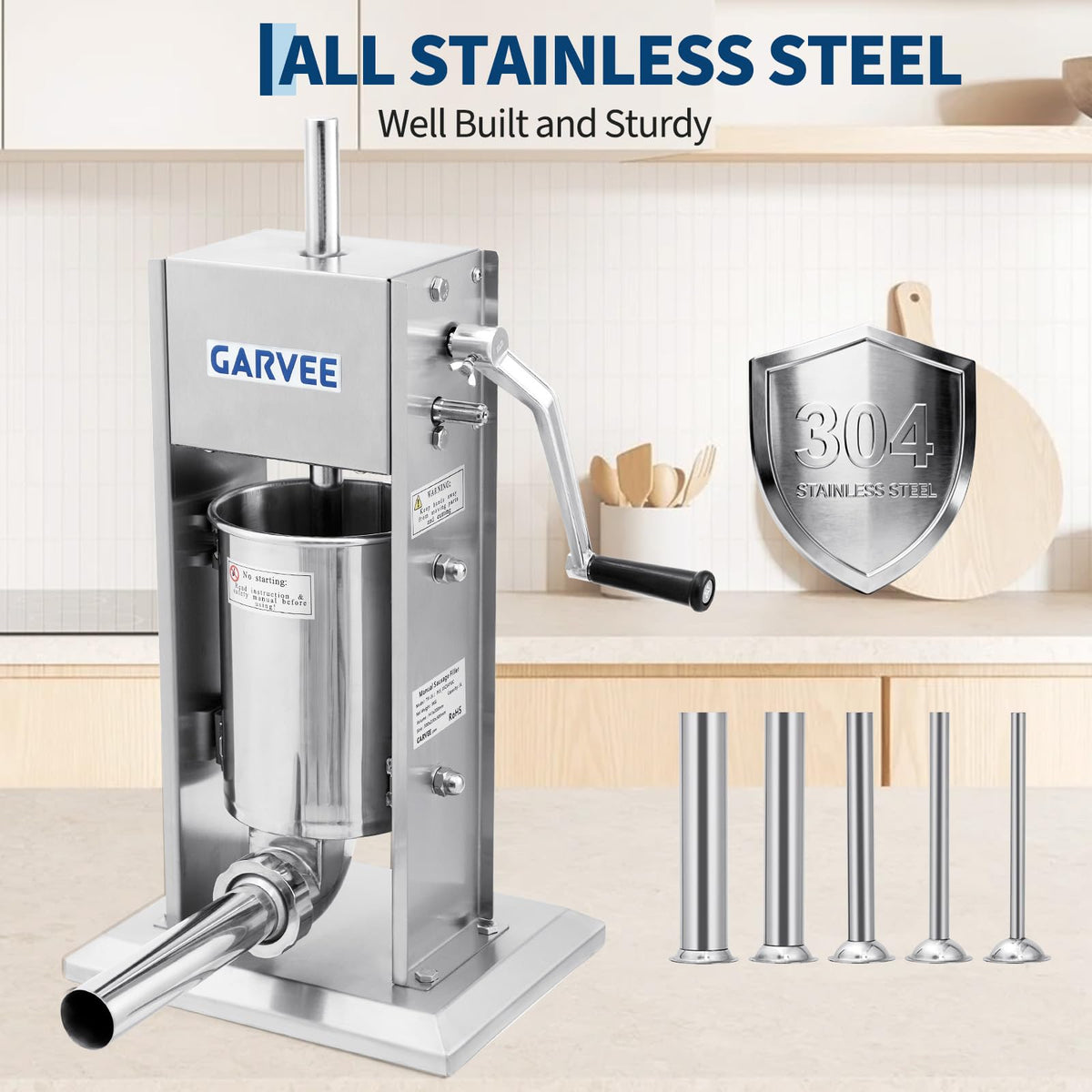 3L Stainless Steel Manual Sausage Stuffer with 5 Filling Tubes Y45748