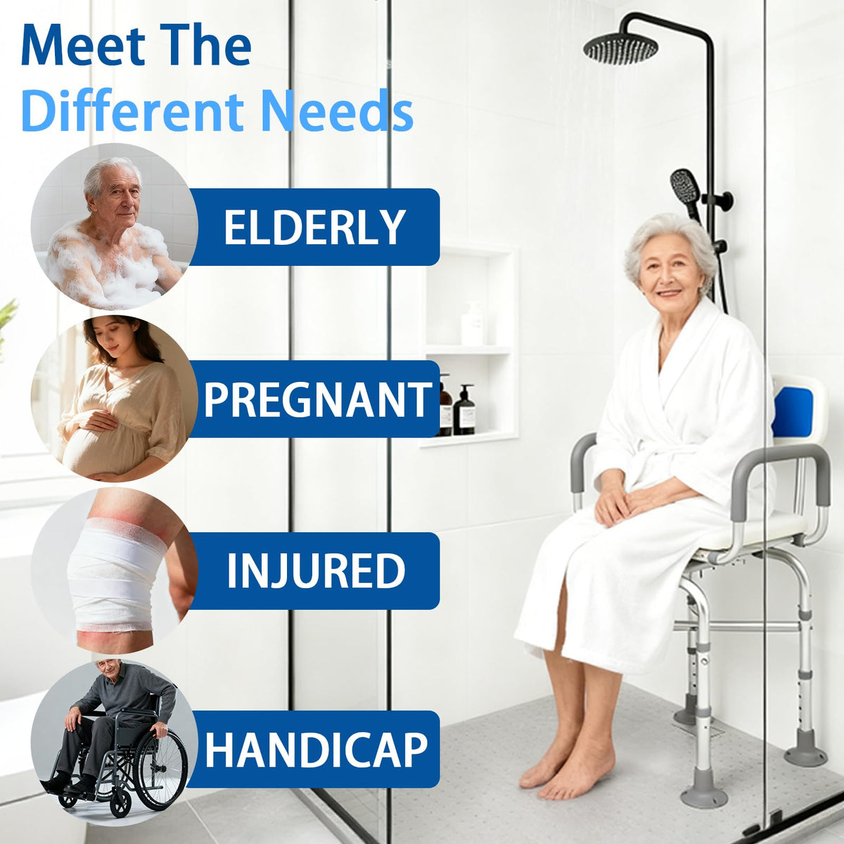 2-Level Width Adjustable 360° Heavy Duty Swivel Shower Chair with Arms and Back B69595