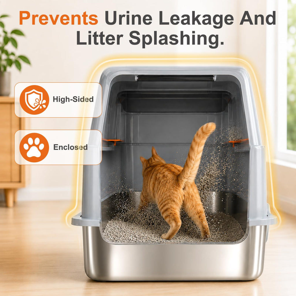 Stainless Steel High Sided Cat Litter Box with Lid T9115