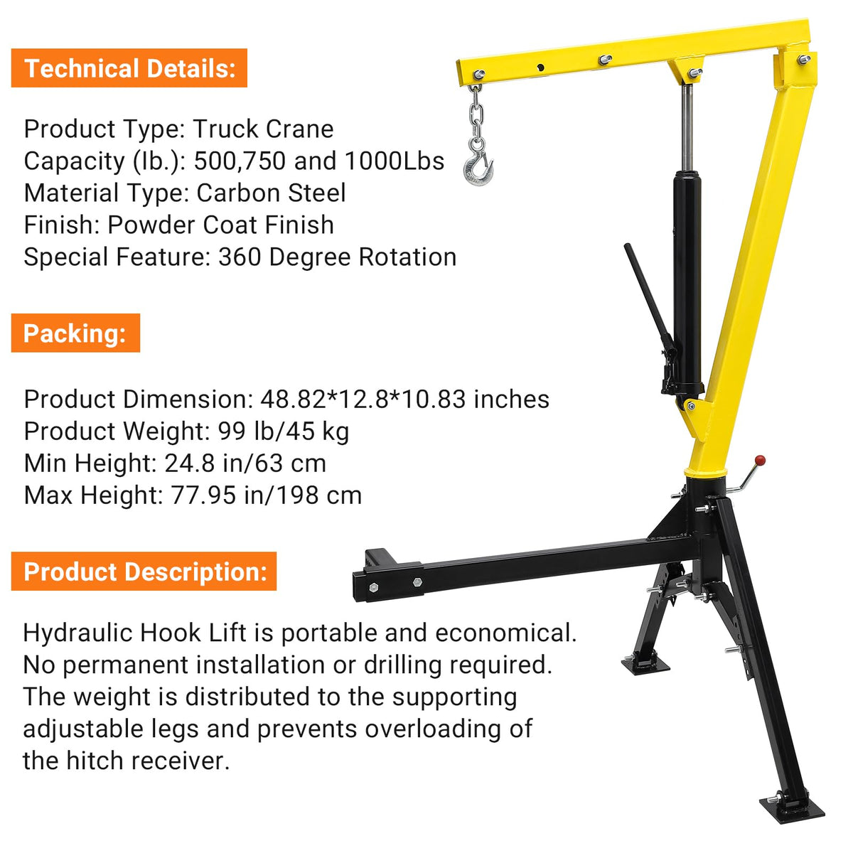 Hydraulic Swivel Hitch Mounted Truck Crane 1000 LBS Capacity P543287