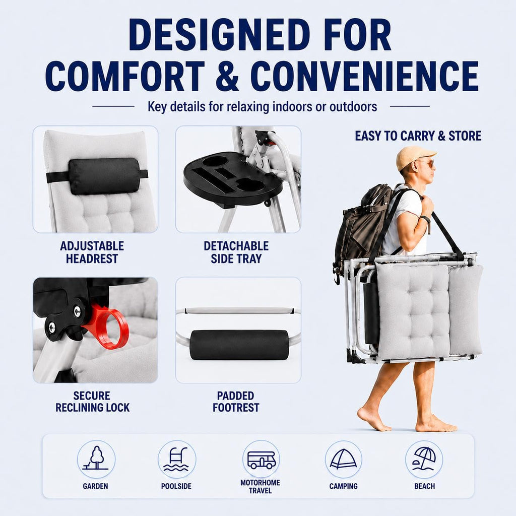 26" Gray Zero Gravity Chair with Removable Cushion A376