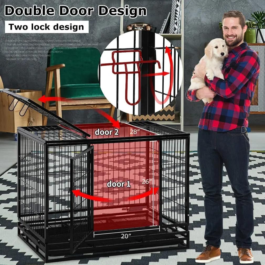 Extra Large Double-Door Heavy Duty Metal Dog Crate (Black, 48 inch) U6067