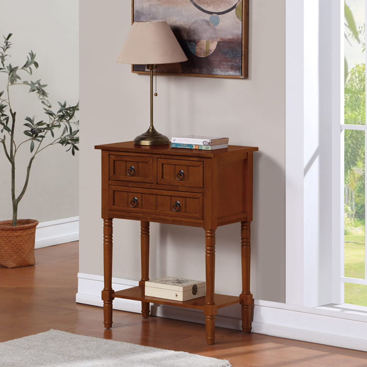 Cherry Hall Table with 3 Storage Drawers and Shelf J879218
