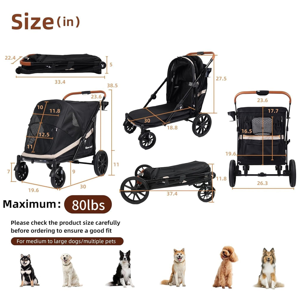 Black Large 4 Wheel Dog Stroller with Storage Pocket I453