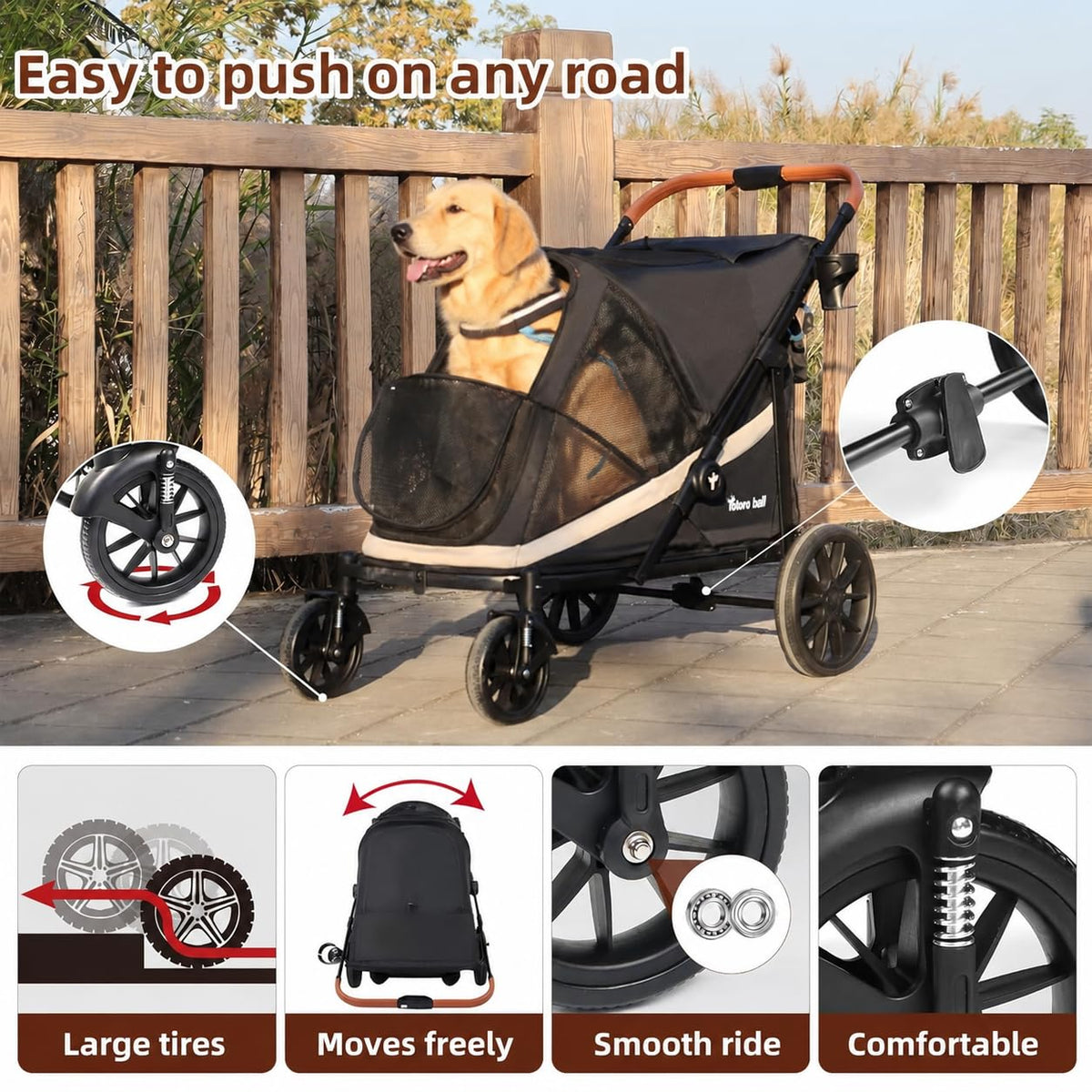 Black Large 4 Wheel Dog Stroller with Storage Pocket I453