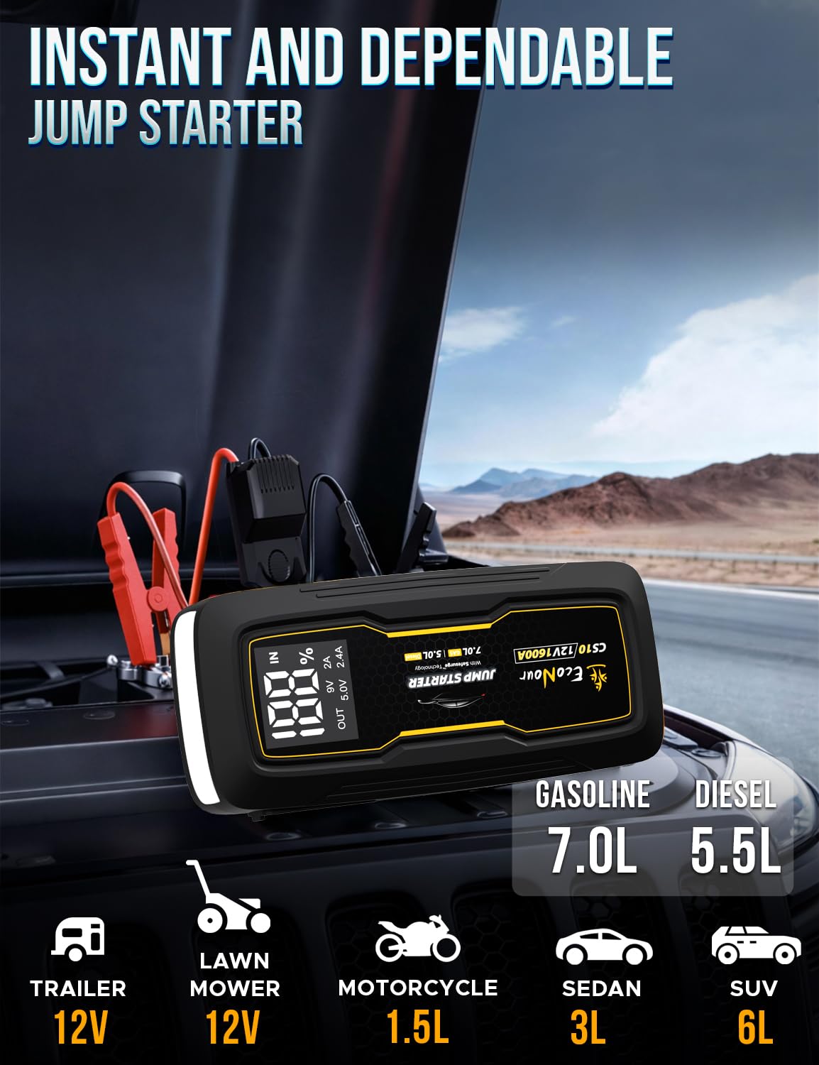 Portable 1600A Peak 12V Lithium Jump Box with Jumper Cables L28067