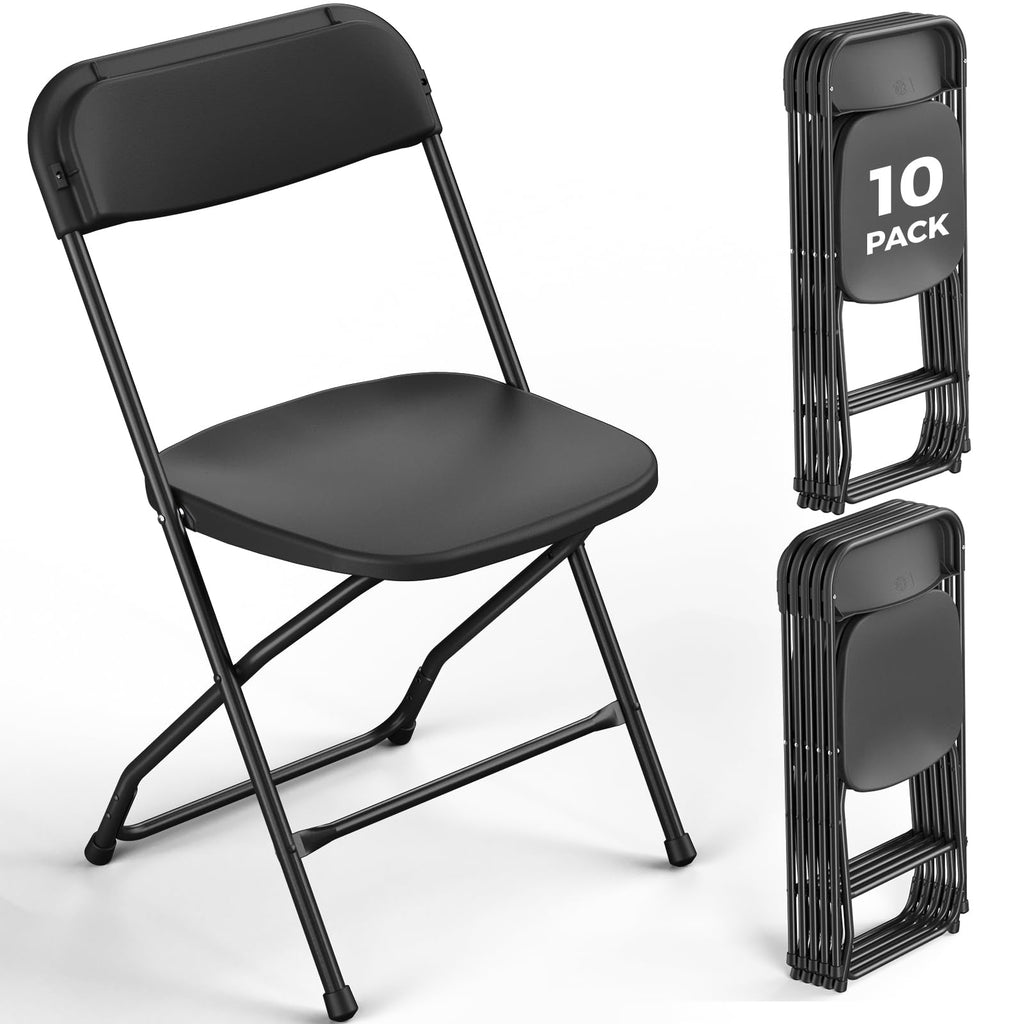 Black Plastic Folding Chairs, 10 Pack Steel Frame 350lbs Capacity O711858