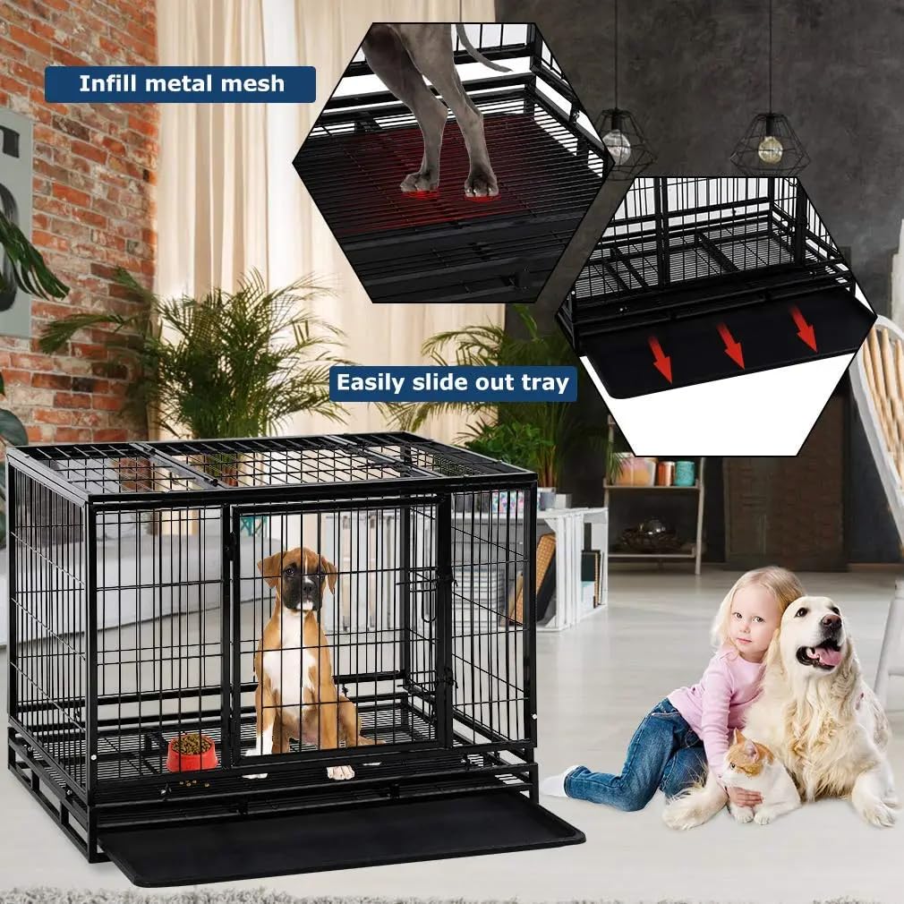 Extra Large Double-Door Heavy Duty Metal Dog Crate (Black, 48 inch) U6067
