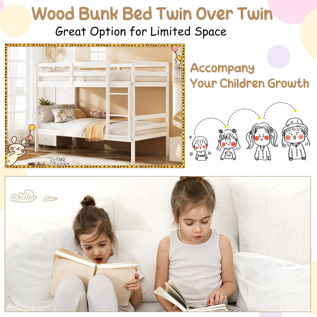 Wood Twin Over Twin Bunk Bed with Ladder & Safety Guardrail C28189