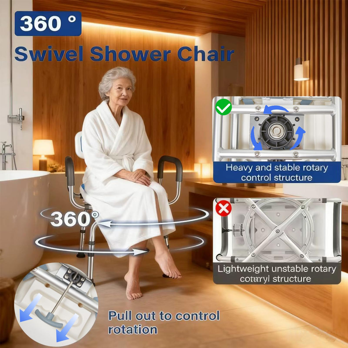 2-Level Width Adjustable 360° Heavy Duty Swivel Shower Chair with Arms and Back B69595