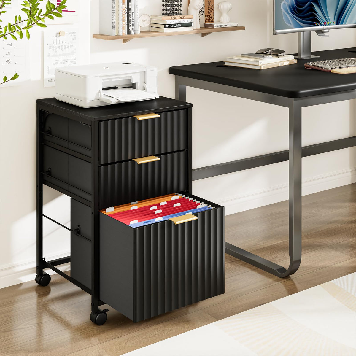 Black 3 Drawer Rolling File Cabinet with Wheels R347