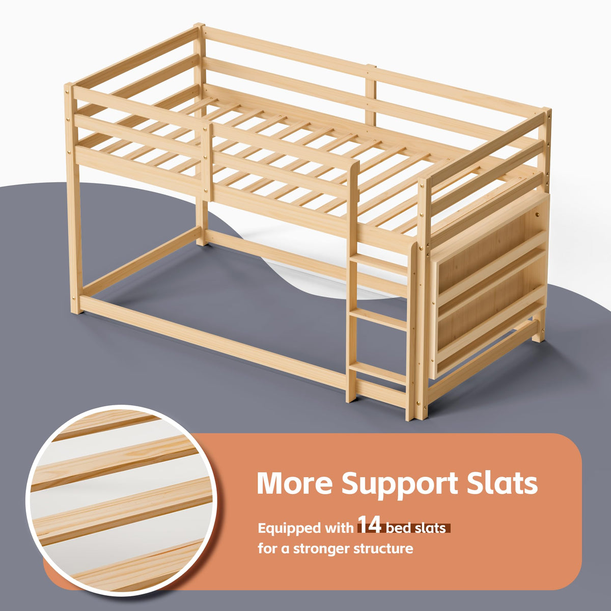 Twin Over Twin Wooden Bunk Bed with Ladder and Guardrails C14974