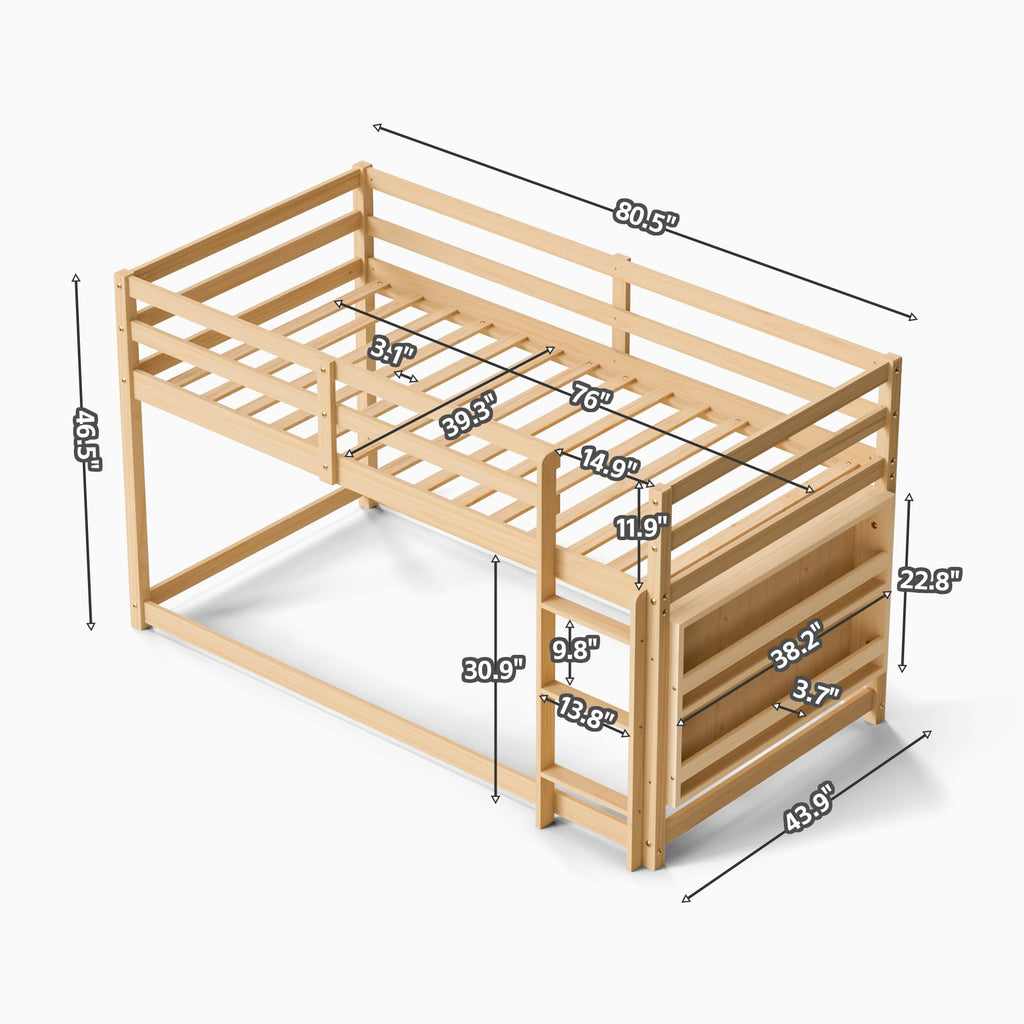 Twin Over Twin Wooden Bunk Bed with Ladder and Guardrails C14974
