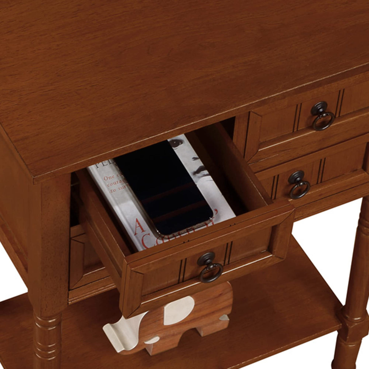Cherry Hall Table with 3 Storage Drawers and Shelf J879218