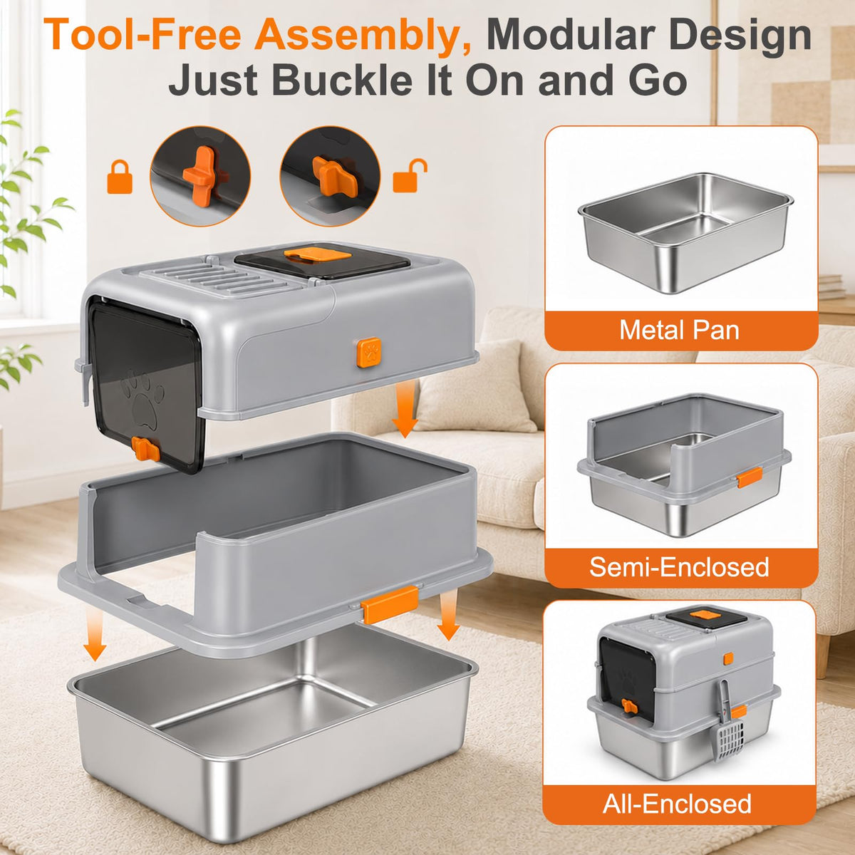 Stainless Steel High Sided Cat Litter Box with Lid T9115