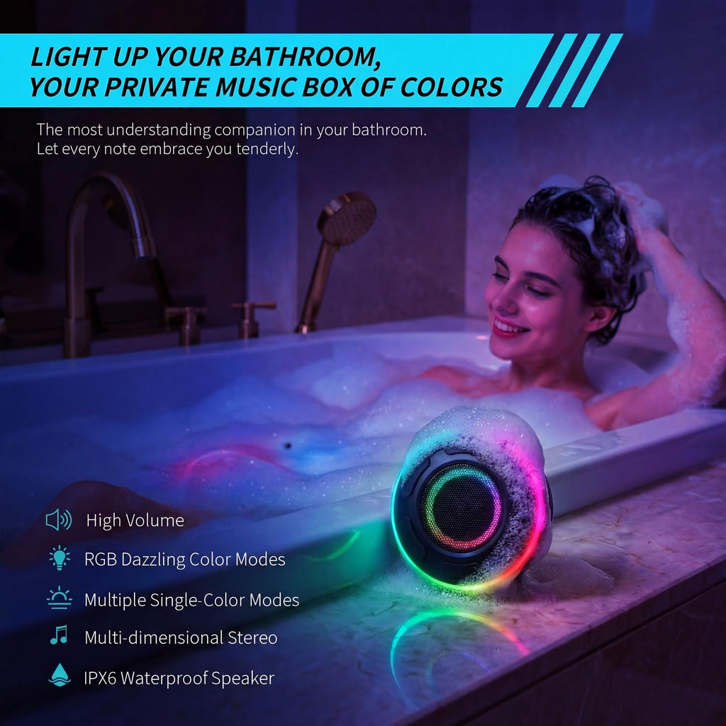 Portable Bluetooth Shower Speaker with Waterproof, Stereo, LED Light T44290