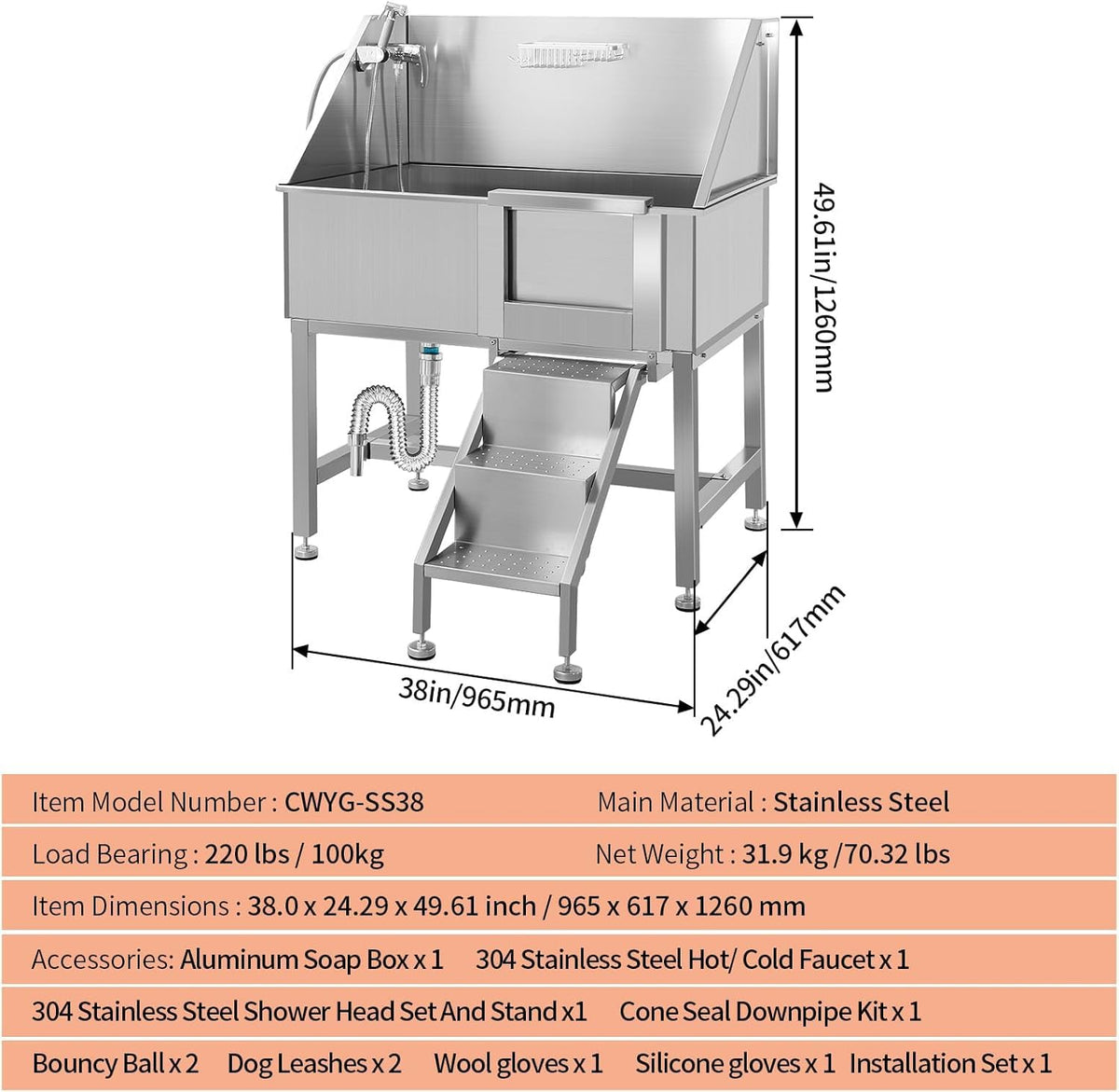 38" Stainless Steel Dog Grooming Tub with Stairs S5438