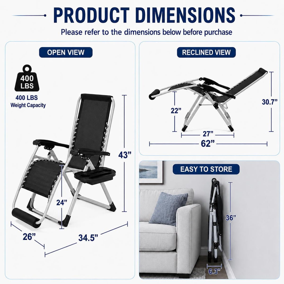26" Gray Zero Gravity Chair with Removable Cushion A376