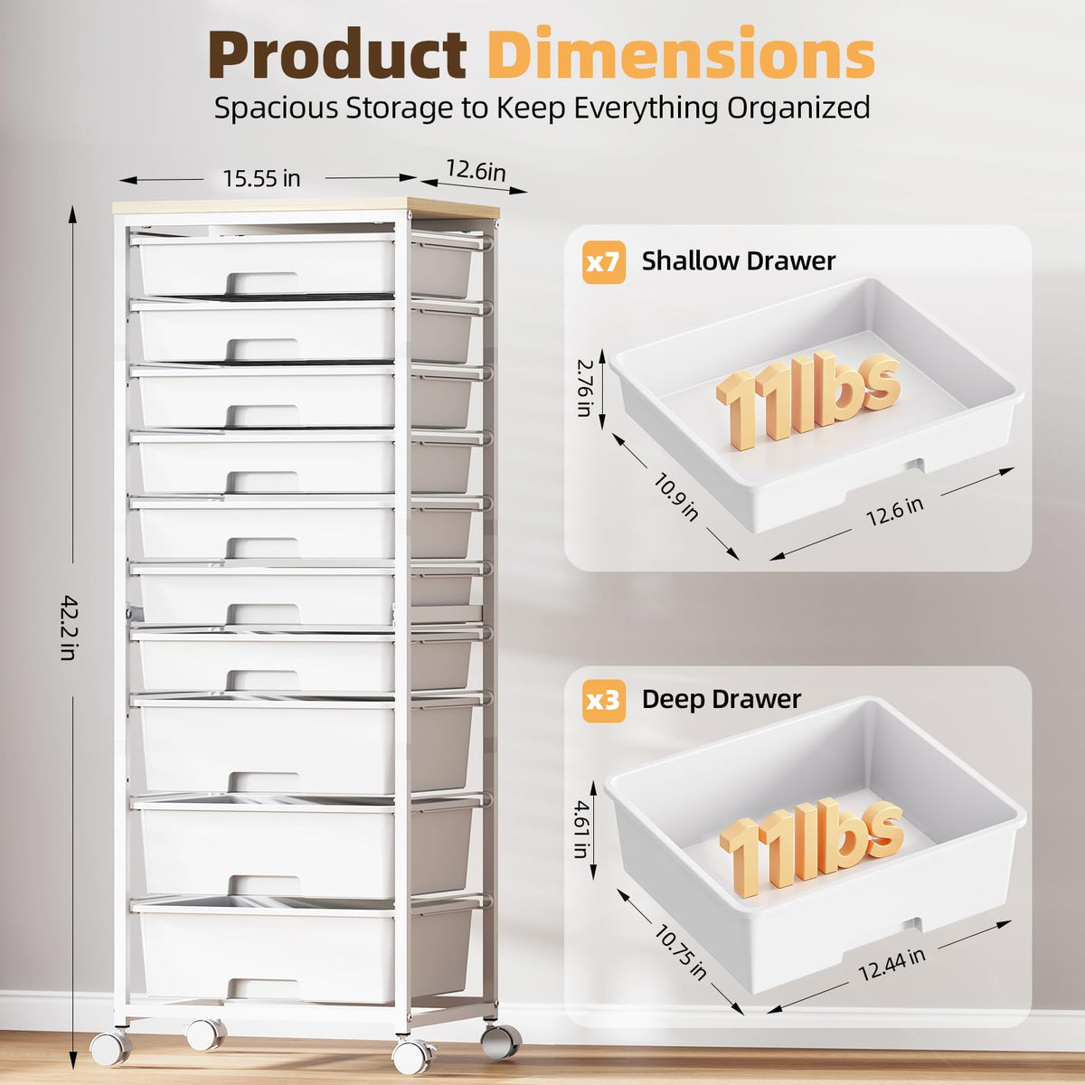 Rolling Storage Cart with 10 Drawers, White S523