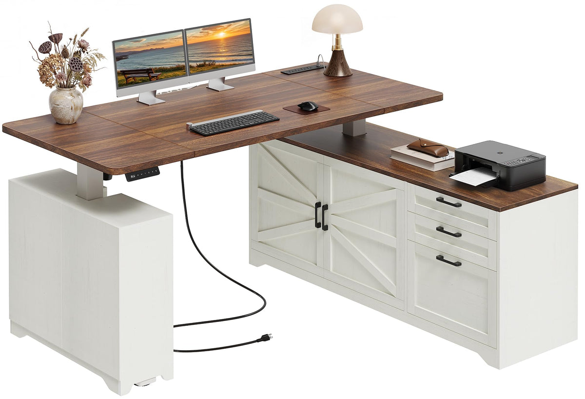 55'' L Shaped Standing Desk with Outlets and Drawers Y136110