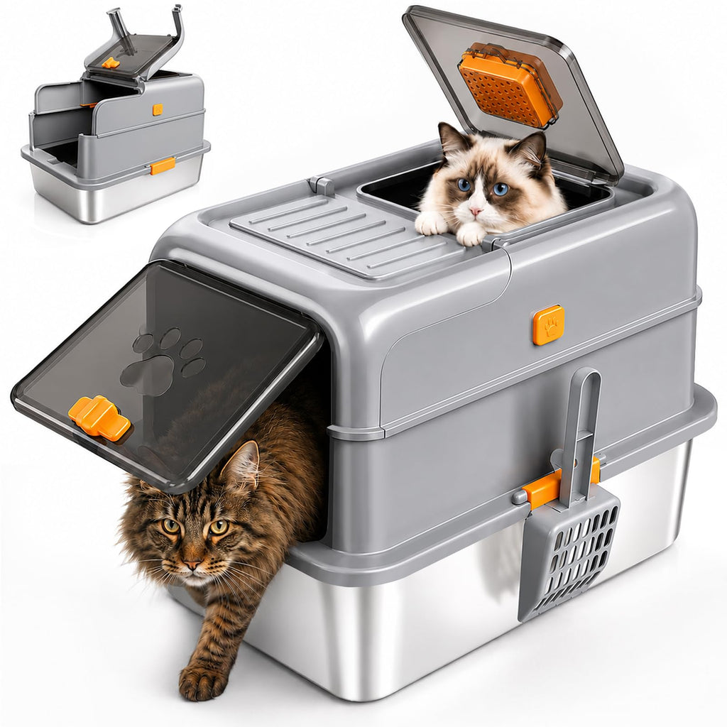 Stainless Steel High Sided Cat Litter Box with Lid T9115