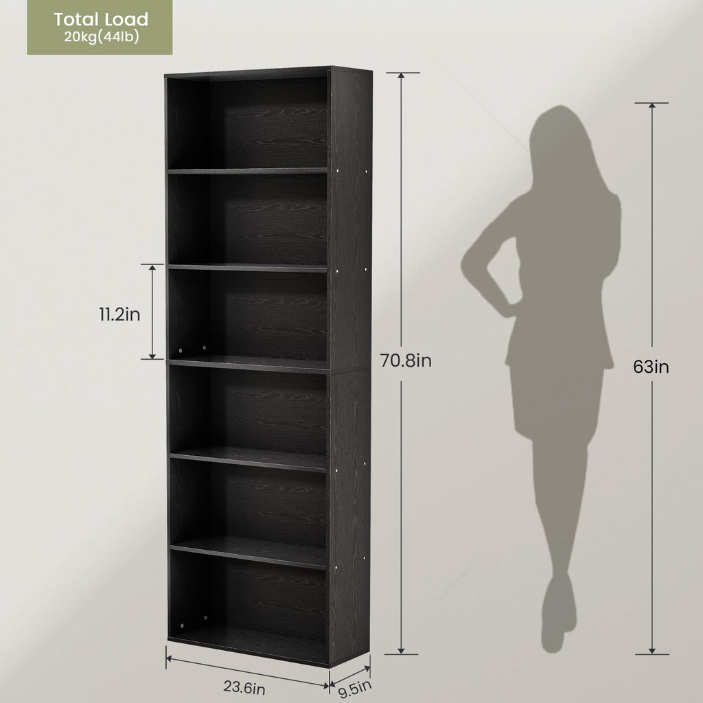 71" Tall 6-Tier Black Bookshelf I4521