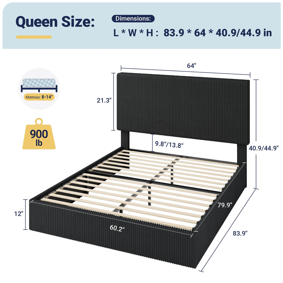 Queen Bed Frame with Adjustable Corduroy Headboard W176200
